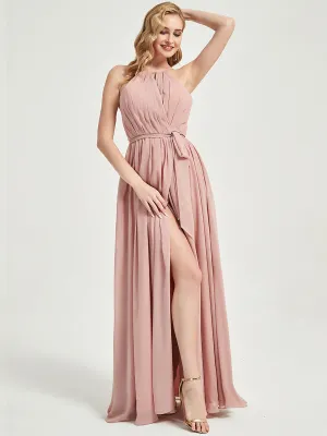 Halter Neck Slit Wrap Dusty Pink Chiffon Bridesmaid Dress Floor Length