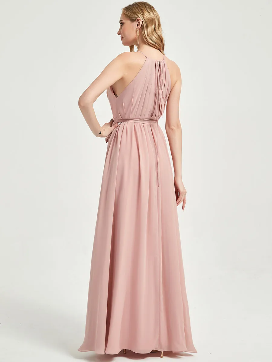 Halter Neck Slit Wrap Dusty Pink Chiffon Bridesmaid Dress Floor Length
