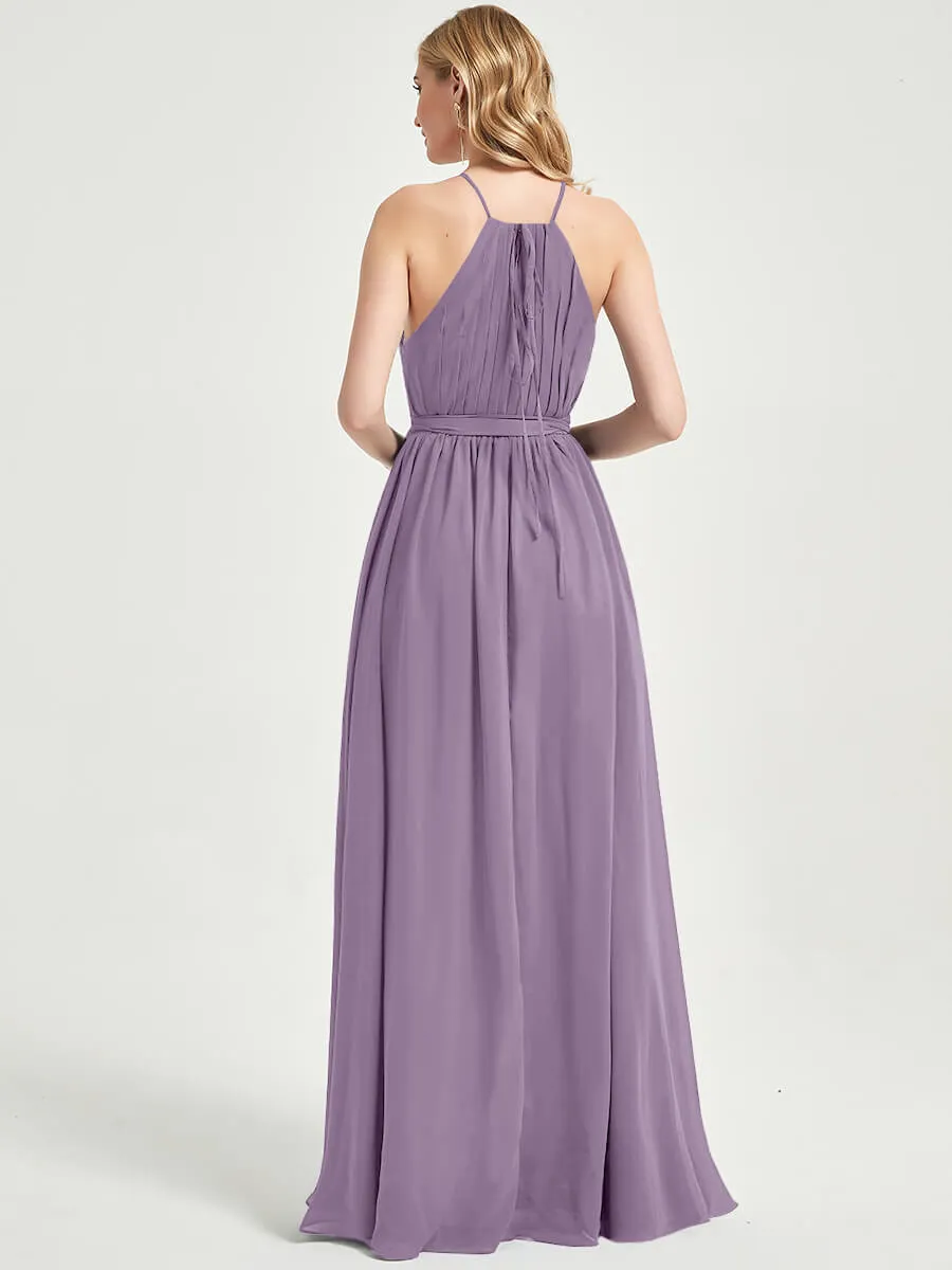 Halter Neck Slit Wrap Dusty Purple Chiffon Bridesmaid Dress Floor Length