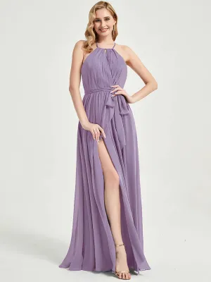 Halter Neck Slit Wrap Dusty Purple Chiffon Bridesmaid Dress Floor Length