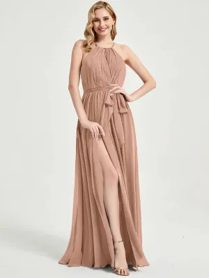 Halter Neck Slit Wrap English Rose Chiffon Bridesmaid Dress Floor Length