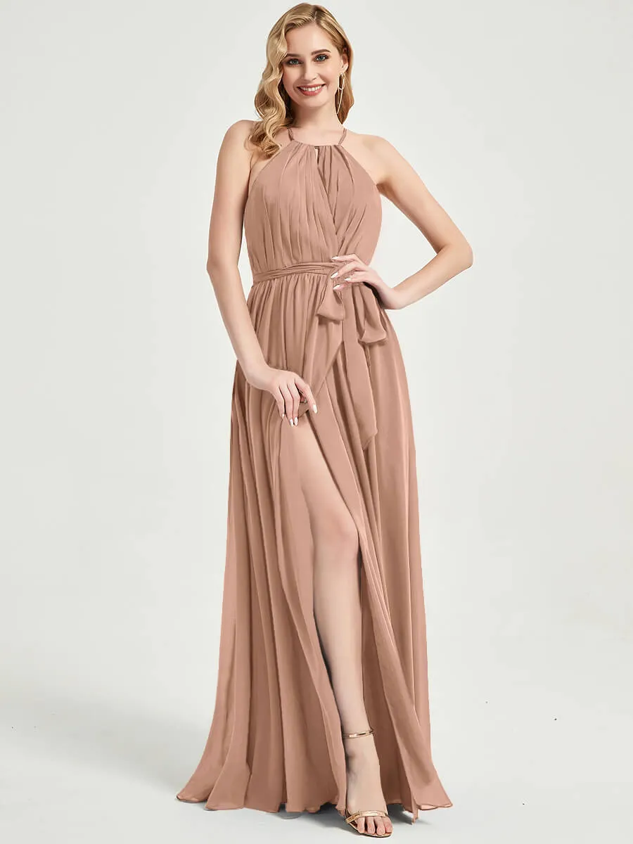 Halter Neck Slit Wrap English Rose Chiffon Bridesmaid Dress Floor Length