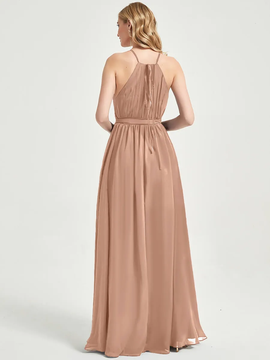 Halter Neck Slit Wrap English Rose Chiffon Bridesmaid Dress Floor Length