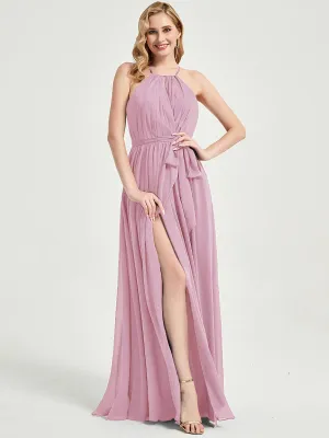 Halter Neck Slit Wrap Mauve Chiffon Bridesmaid Dress Floor Length