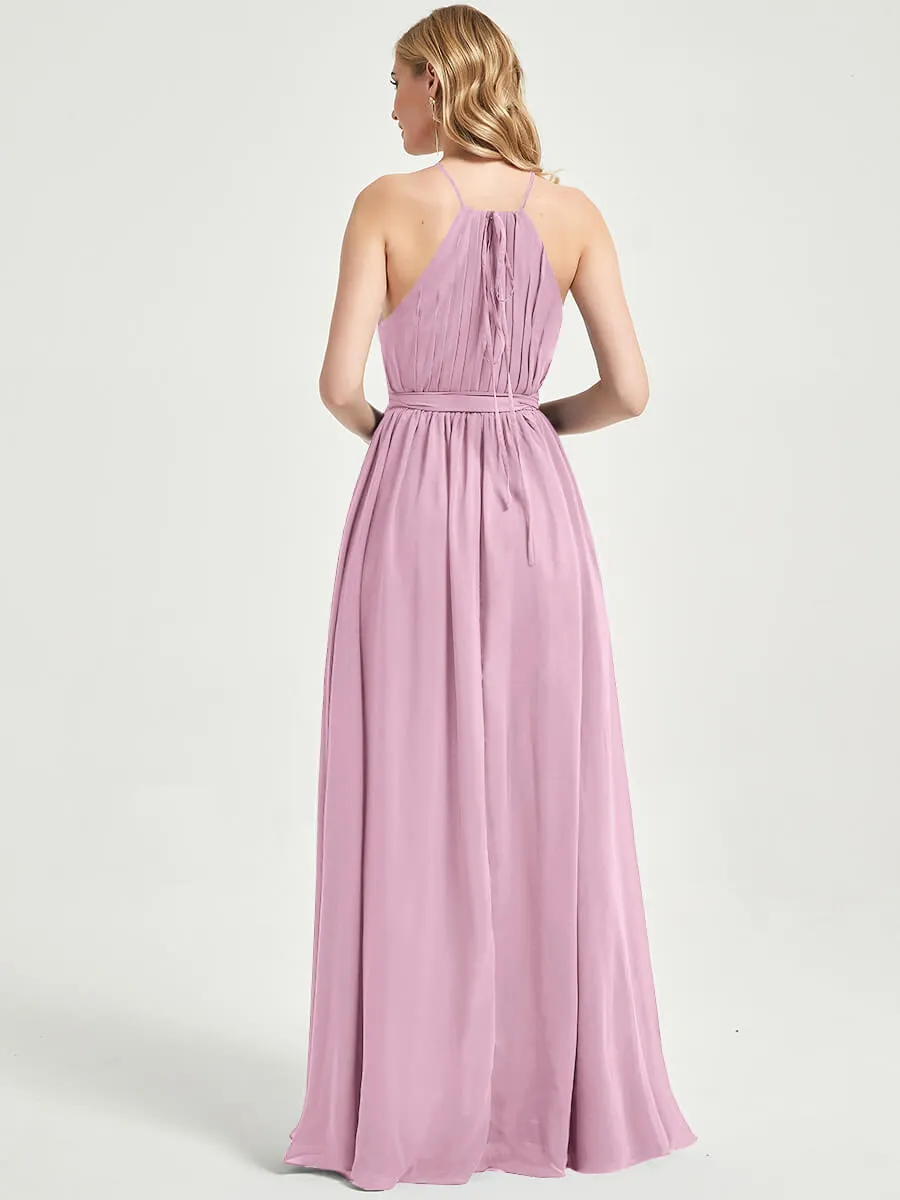 Halter Neck Slit Wrap Mauve Chiffon Bridesmaid Dress Floor Length