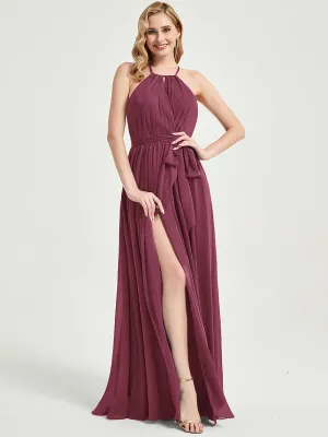 Halter Neck Slit Wrap Mulberry Chiffon Bridesmaid Dress Floor Length