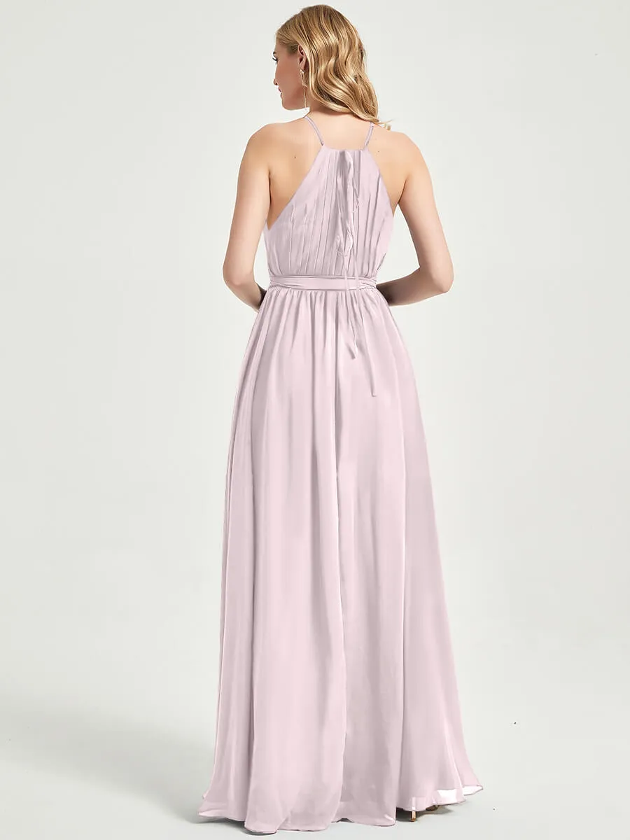 Halter Neck Slit Wrap Pale Rose Chiffon Bridesmaid Dress Floor Length
