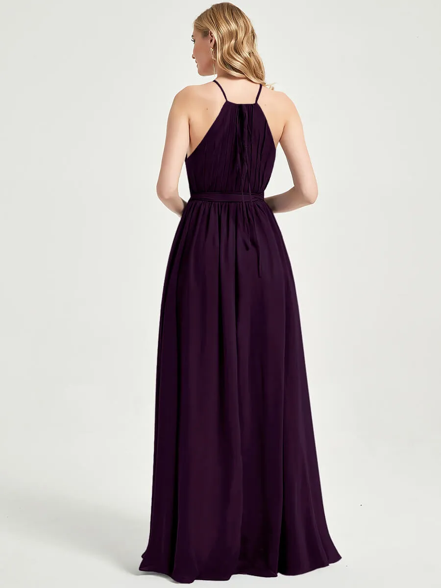 Halter Neck Slit Wrap Plum Chiffon Bridesmaid Dress Floor Length