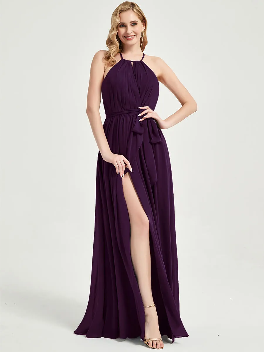Halter Neck Slit Wrap Plum Chiffon Bridesmaid Dress Floor Length