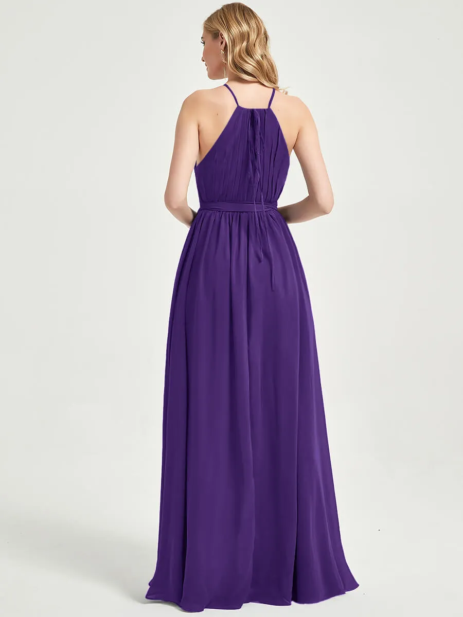 Halter Neck Slit Wrap Royal Purple Chiffon Bridesmaid Dress Floor Length