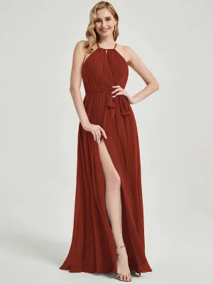 Halter Neck Slit Wrap Rusty Red Chiffon Bridesmaid Dress Floor Length