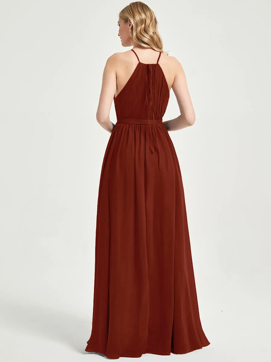 Halter Neck Slit Wrap Rusty Red Chiffon Bridesmaid Dress Floor Length