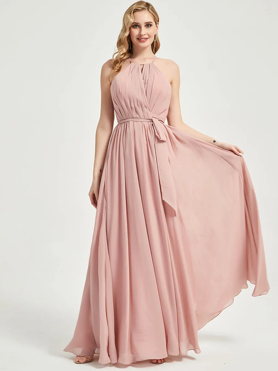Halter Neck Slit Wrap Sage Green Chiffon Bridesmaid Dress Floor Length