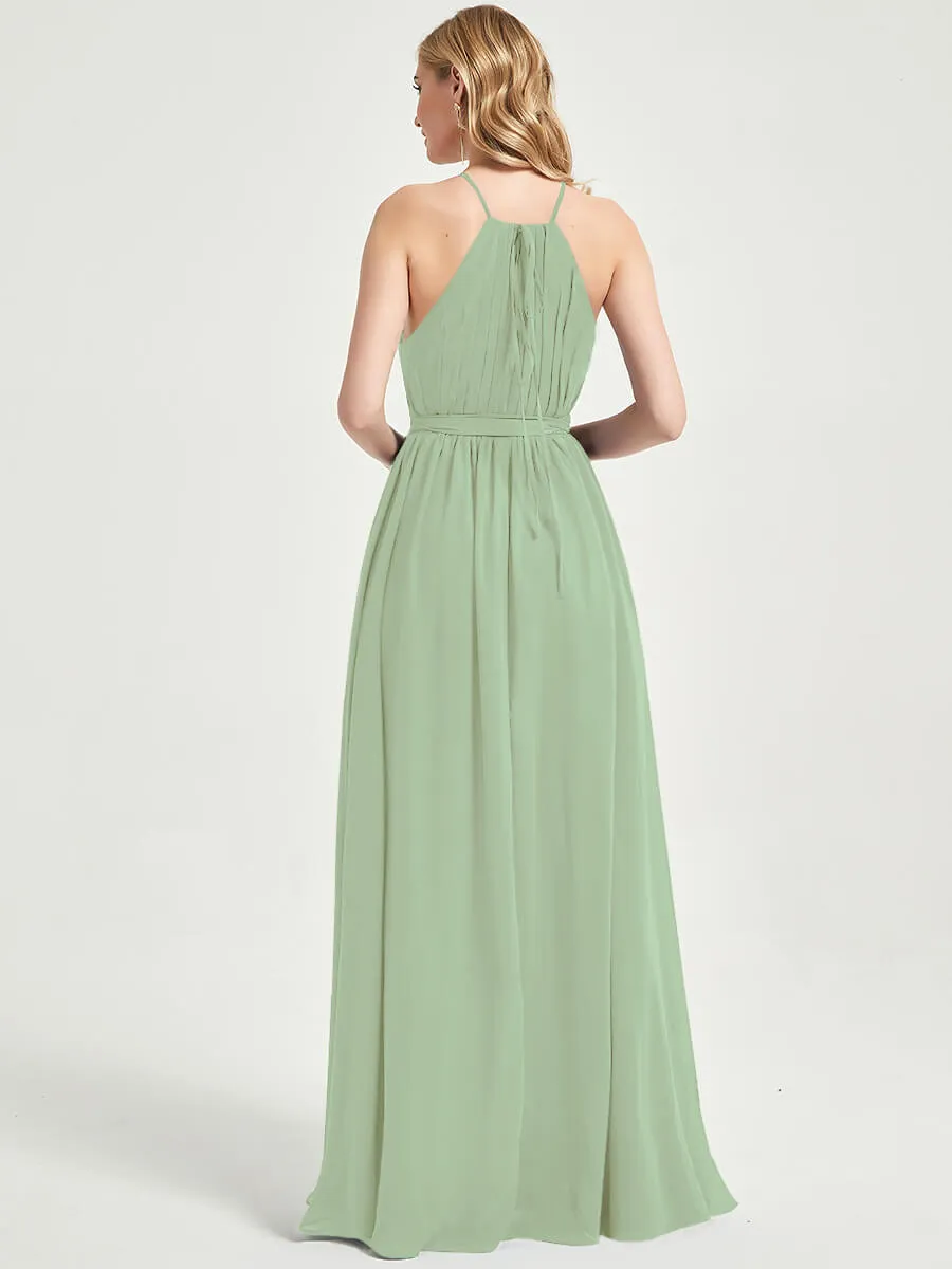 Halter Neck Slit Wrap Sage Green Chiffon Bridesmaid Dress Floor Length