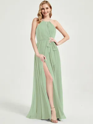 Halter Neck Slit Wrap Sage Green Chiffon Bridesmaid Dress Floor Length