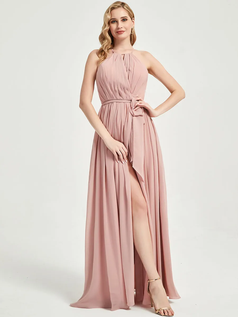 Halter Neck Slit Wrap Slate Blue Chiffon Bridesmaid Dress Floor Length