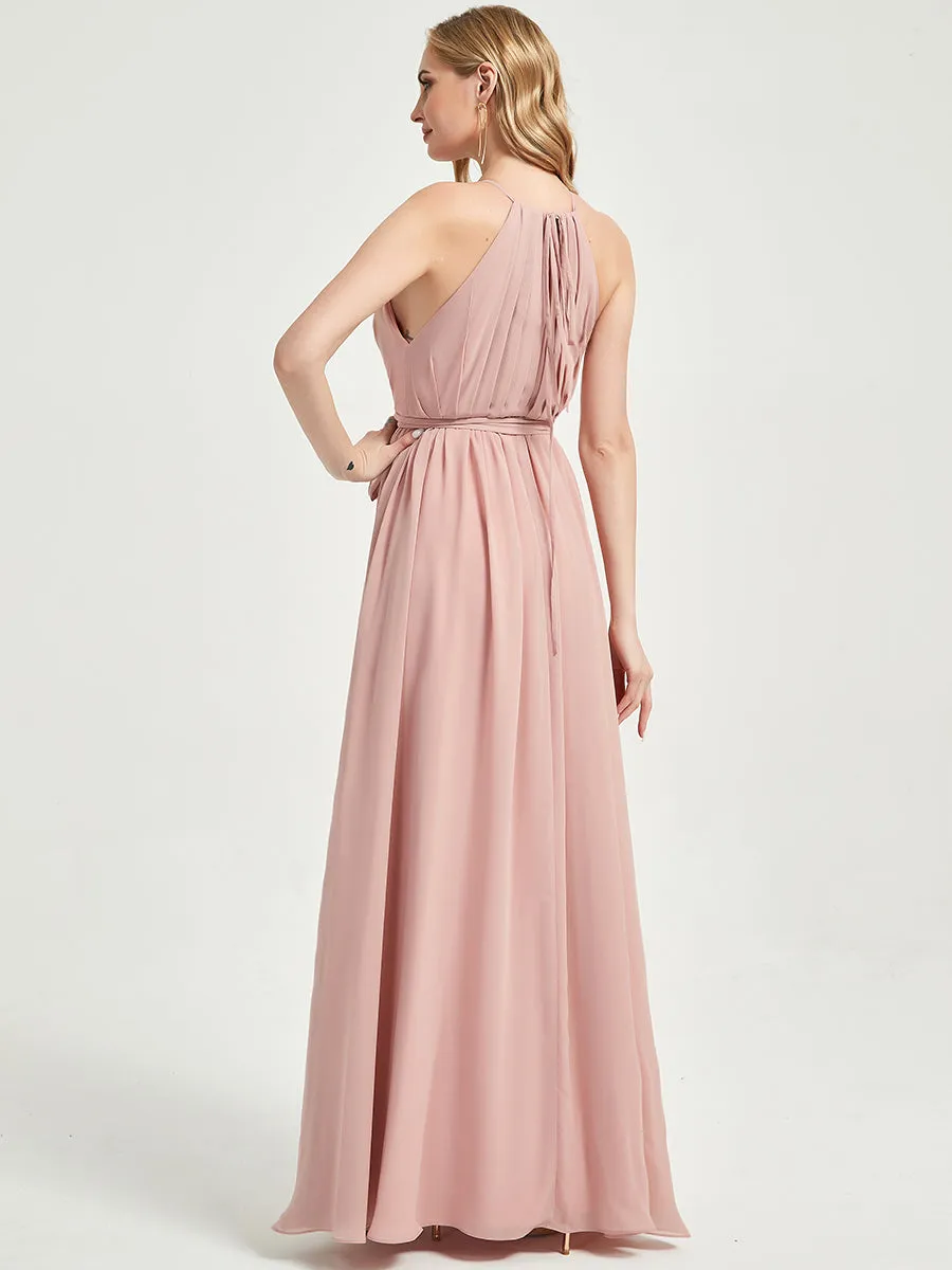 Halter Neck Slit Wrap Slate Blue Chiffon Bridesmaid Dress Floor Length