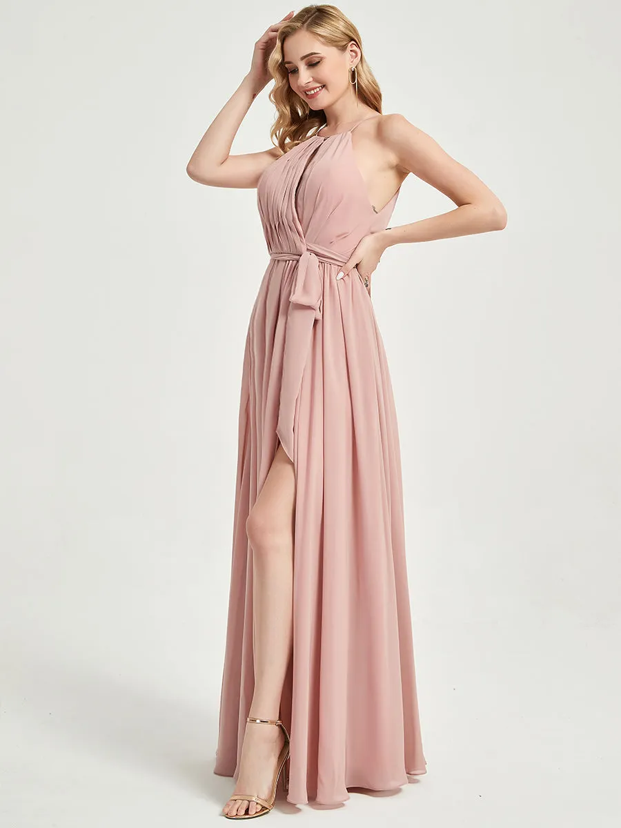 Halter Neck Slit Wrap Teal Chiffon Bridesmaid Dress Floor Length