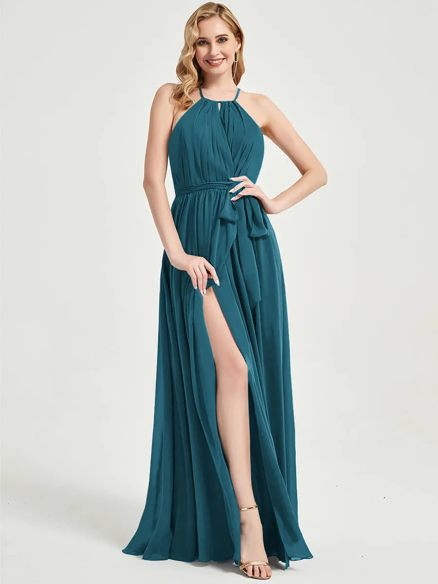 Halter Neck Slit Wrap Teal Chiffon Bridesmaid Dress Floor Length