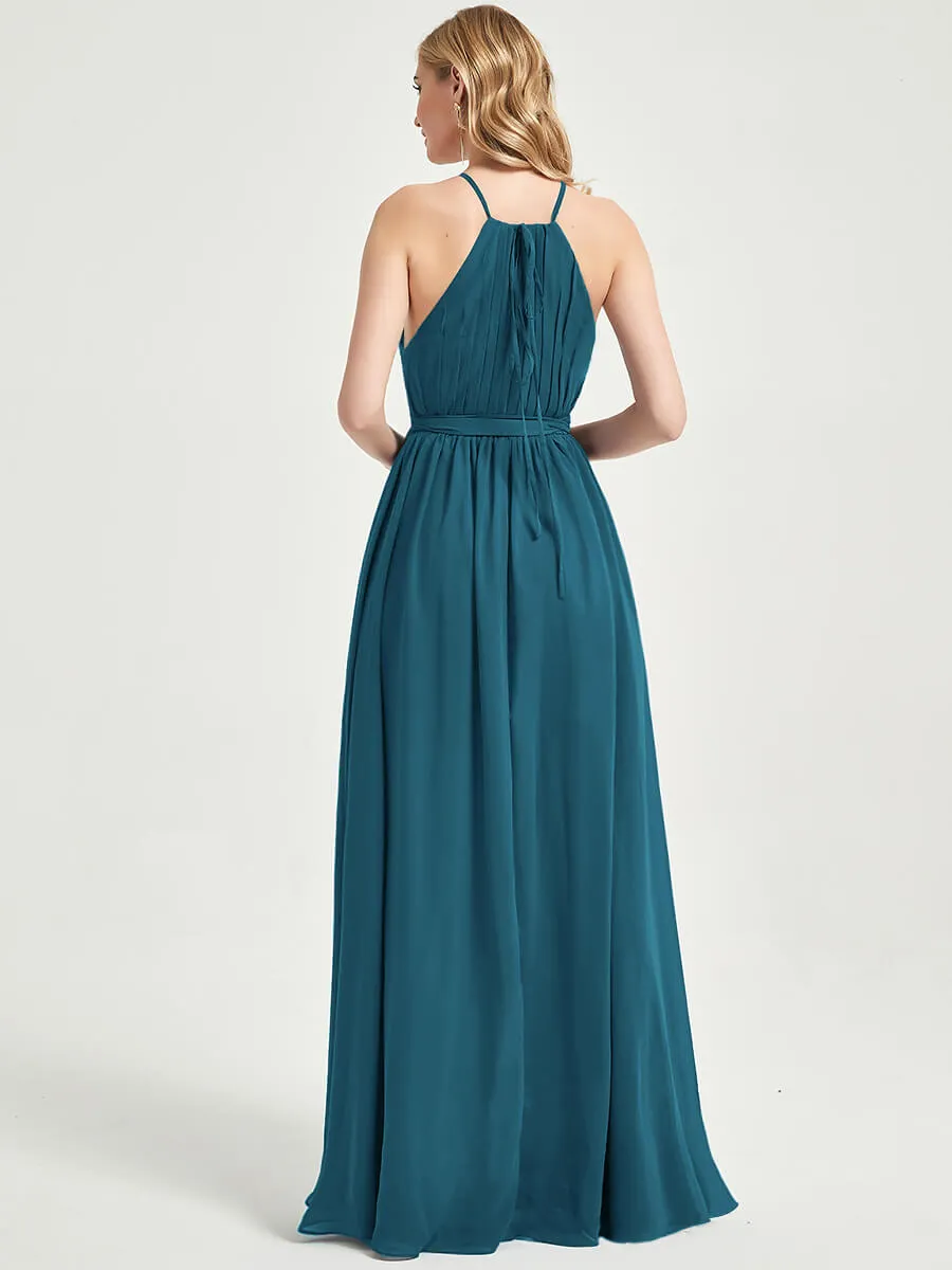 Halter Neck Slit Wrap Teal Chiffon Bridesmaid Dress Floor Length