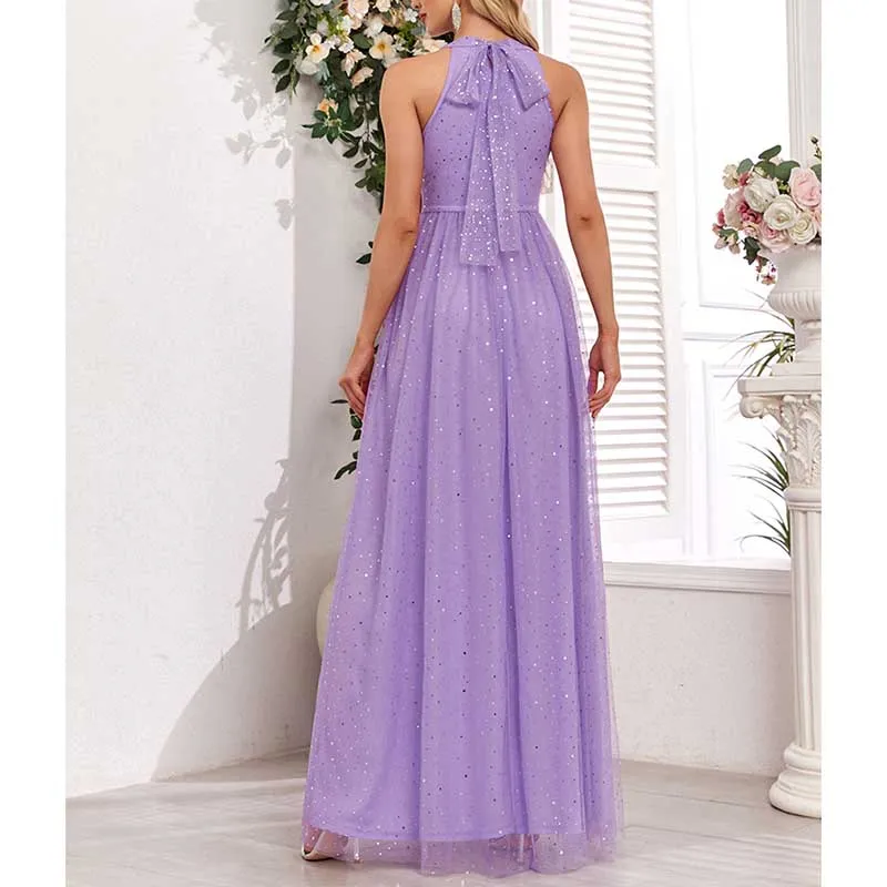 Halter Neck Wedding Guest Dress Tulle Long Prom Dress Lavender Bridesmaid Dress
