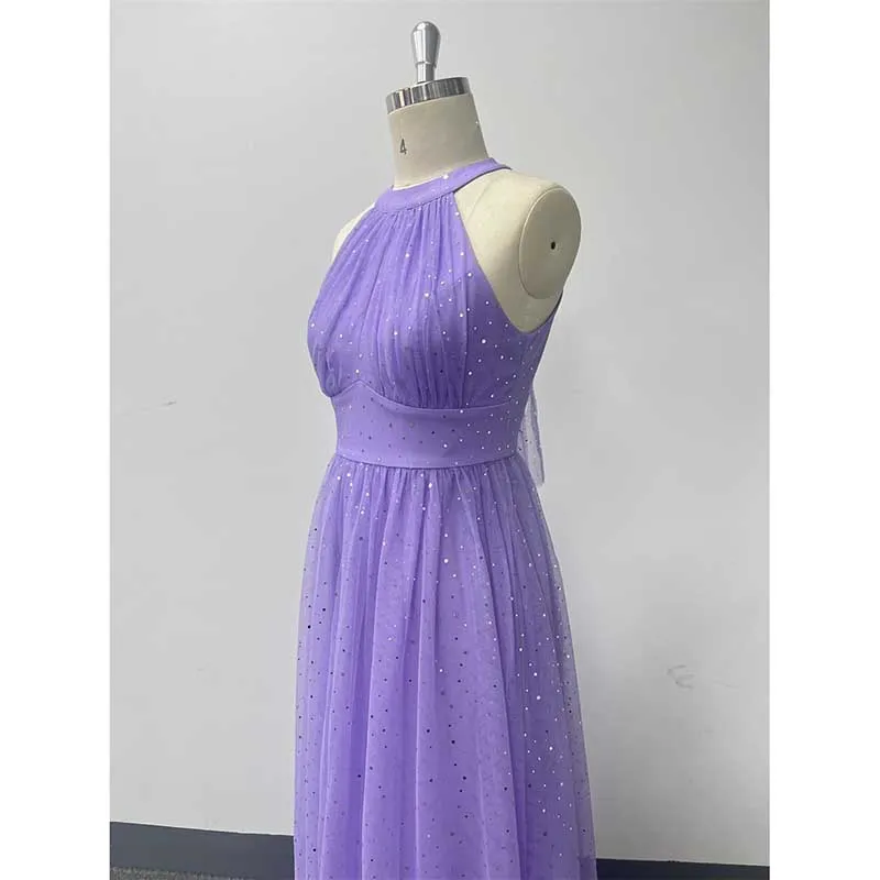 Halter Neck Wedding Guest Dress Tulle Long Prom Dress Lavender Bridesmaid Dress