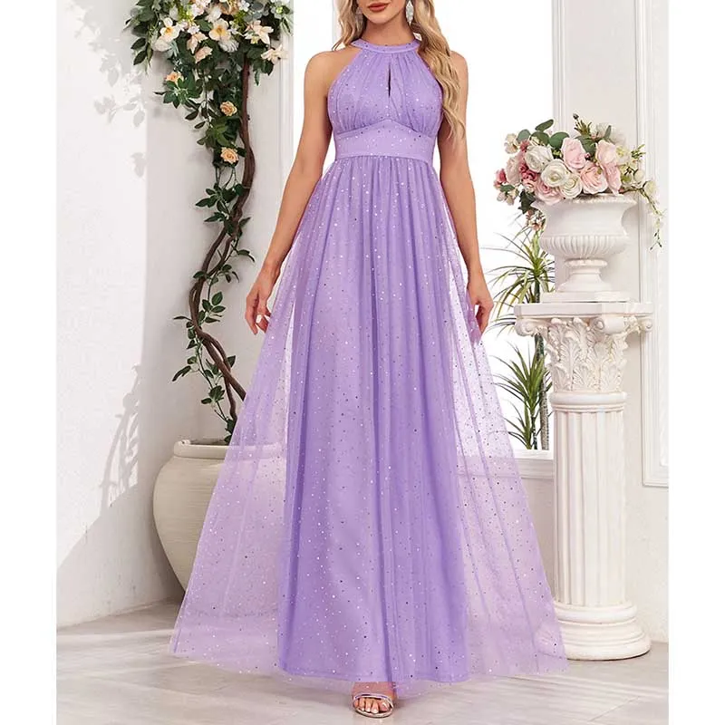 Halter Neck Wedding Guest Dress Tulle Long Prom Dress Lavender Bridesmaid Dress