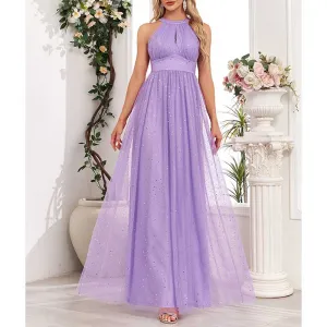 Halter Neck Wedding Guest Dress Tulle Long Prom Dress Lavender Bridesmaid Dress