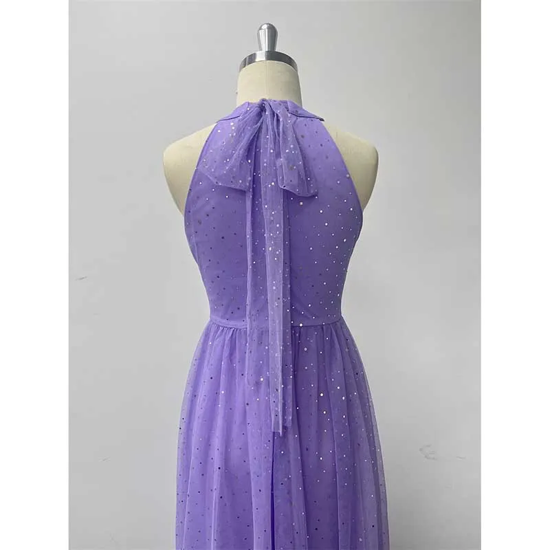 Halter Neck Wedding Guest Dress Tulle Long Prom Dress Lavender Bridesmaid Dress