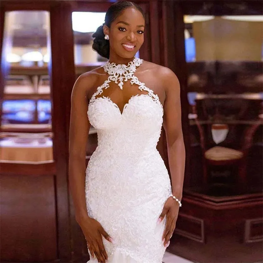 Halter Sheer Neck Vintage Mermaid Wedding Dresses
