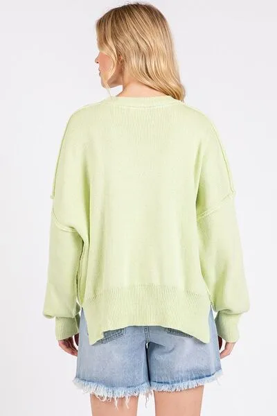 Hazel Blues® |  Mittoshop Side Slit Round Neck Drop Shoulder Sweater