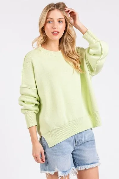 Hazel Blues® |  Mittoshop Side Slit Round Neck Drop Shoulder Sweater