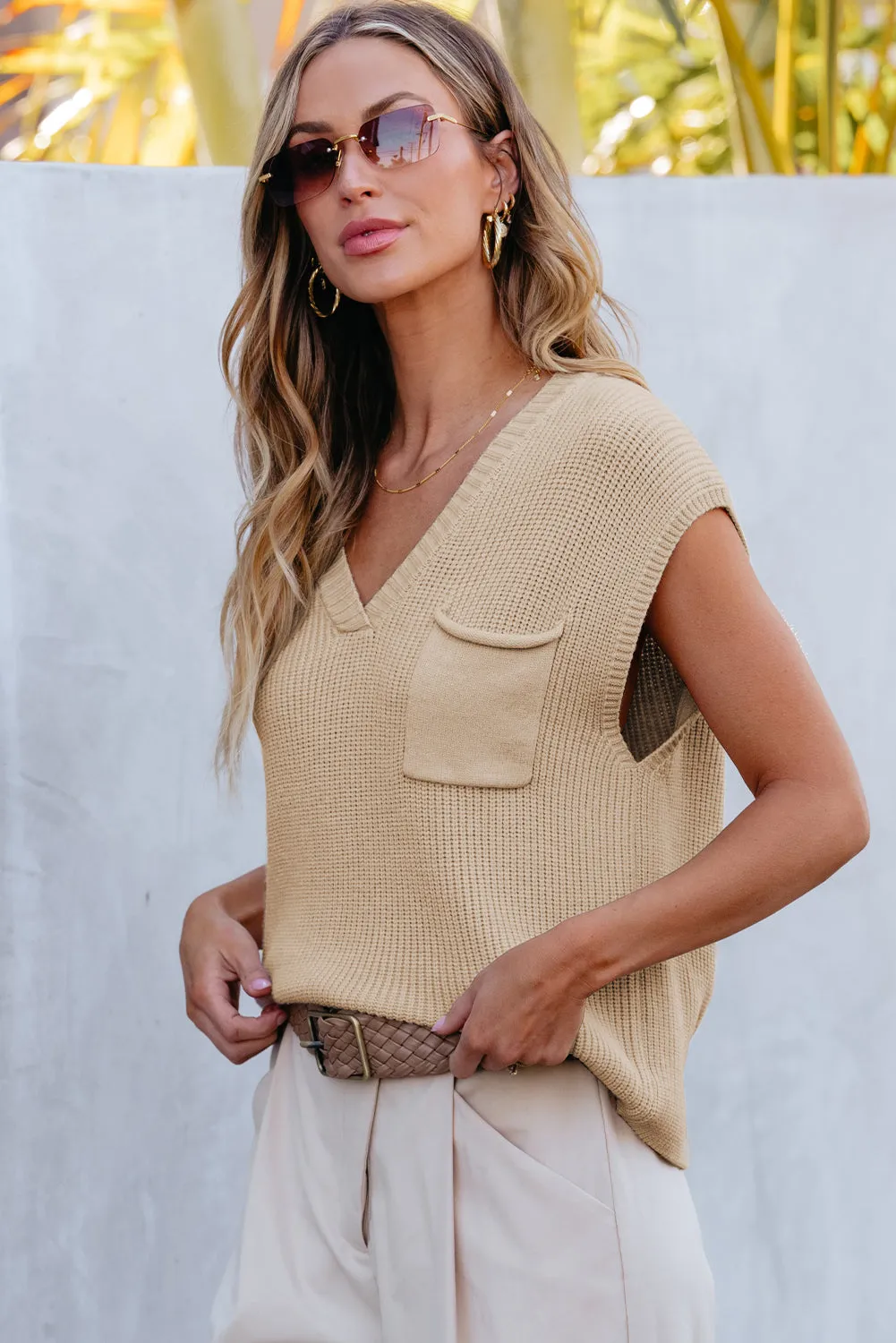 Hazel Blues® |  Pocketed V-Neck Cap Sleeve Sweater