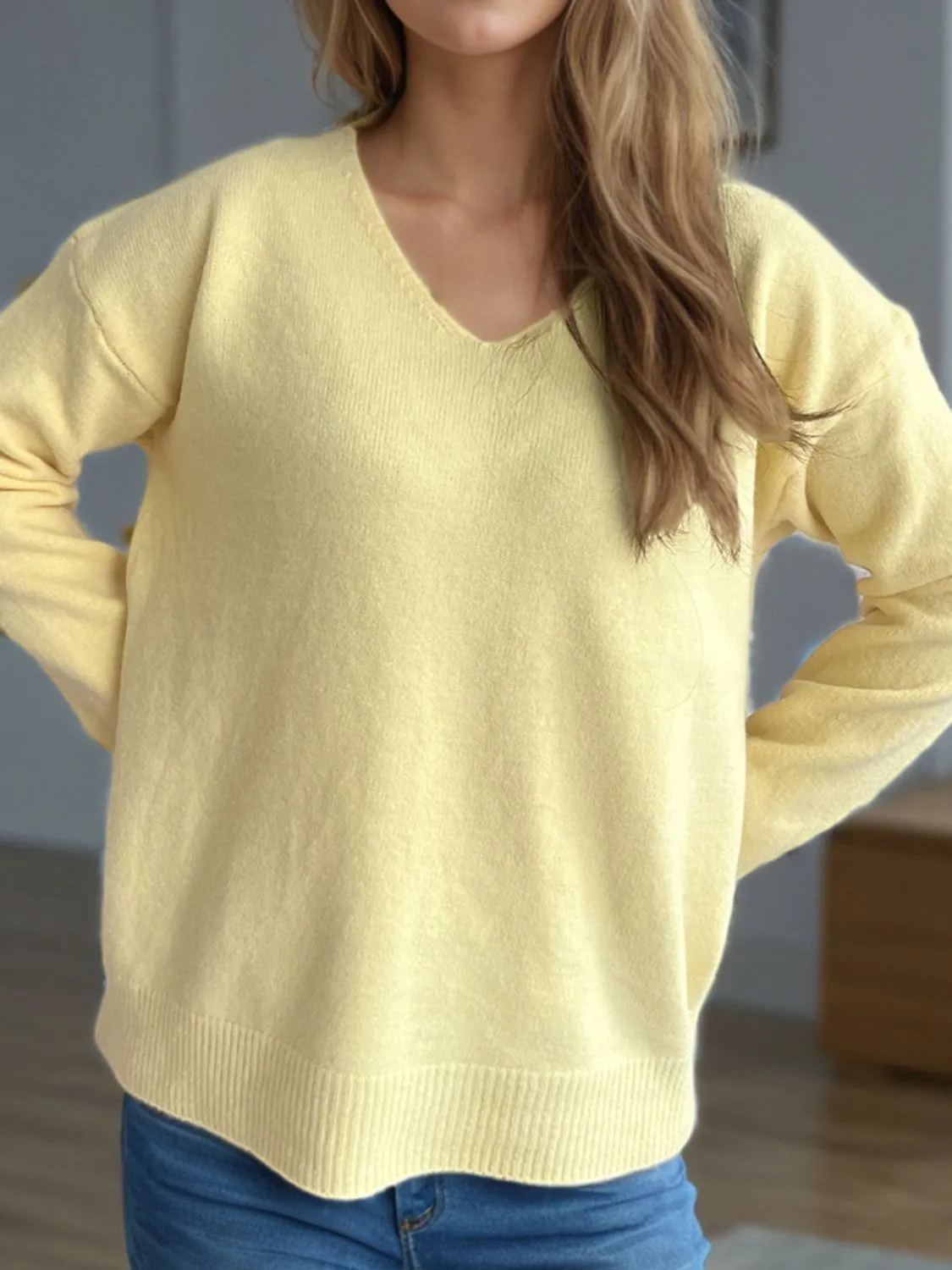 Hazel Blues® |  V-Neck Dropped Shoulder Long Sleeve Sweater