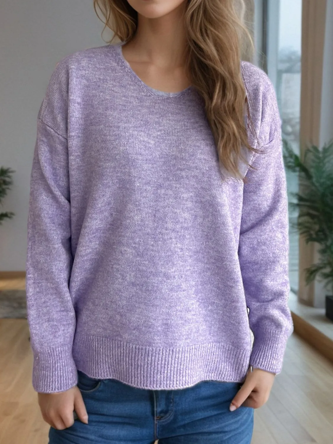 Hazel Blues® |  V-Neck Dropped Shoulder Long Sleeve Sweater