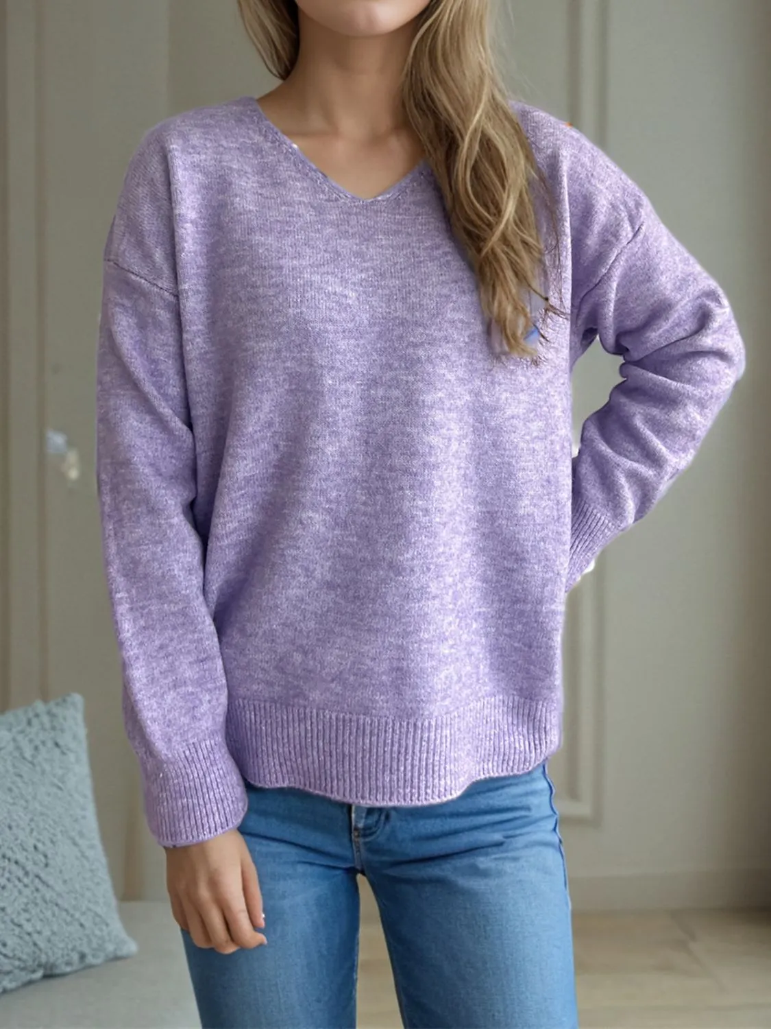 Hazel Blues® |  V-Neck Dropped Shoulder Long Sleeve Sweater