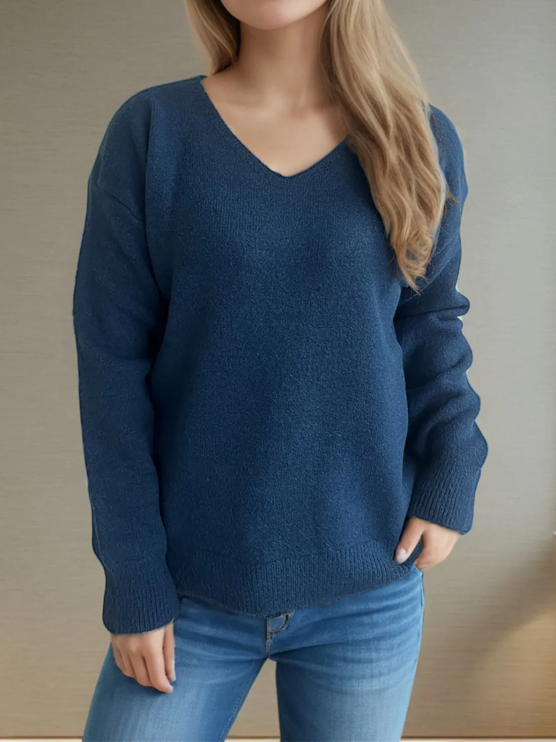 Hazel Blues® |  V-Neck Dropped Shoulder Long Sleeve Sweater