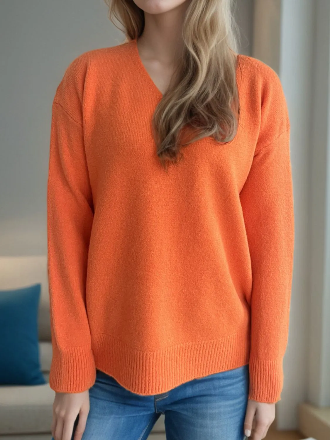Hazel Blues® |  V-Neck Dropped Shoulder Long Sleeve Sweater