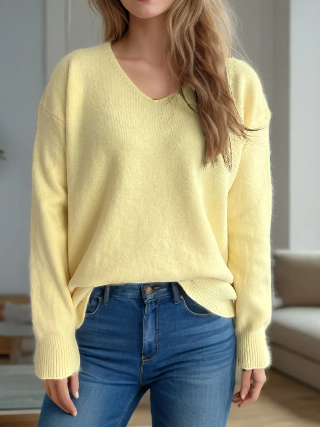 Hazel Blues® |  V-Neck Dropped Shoulder Long Sleeve Sweater