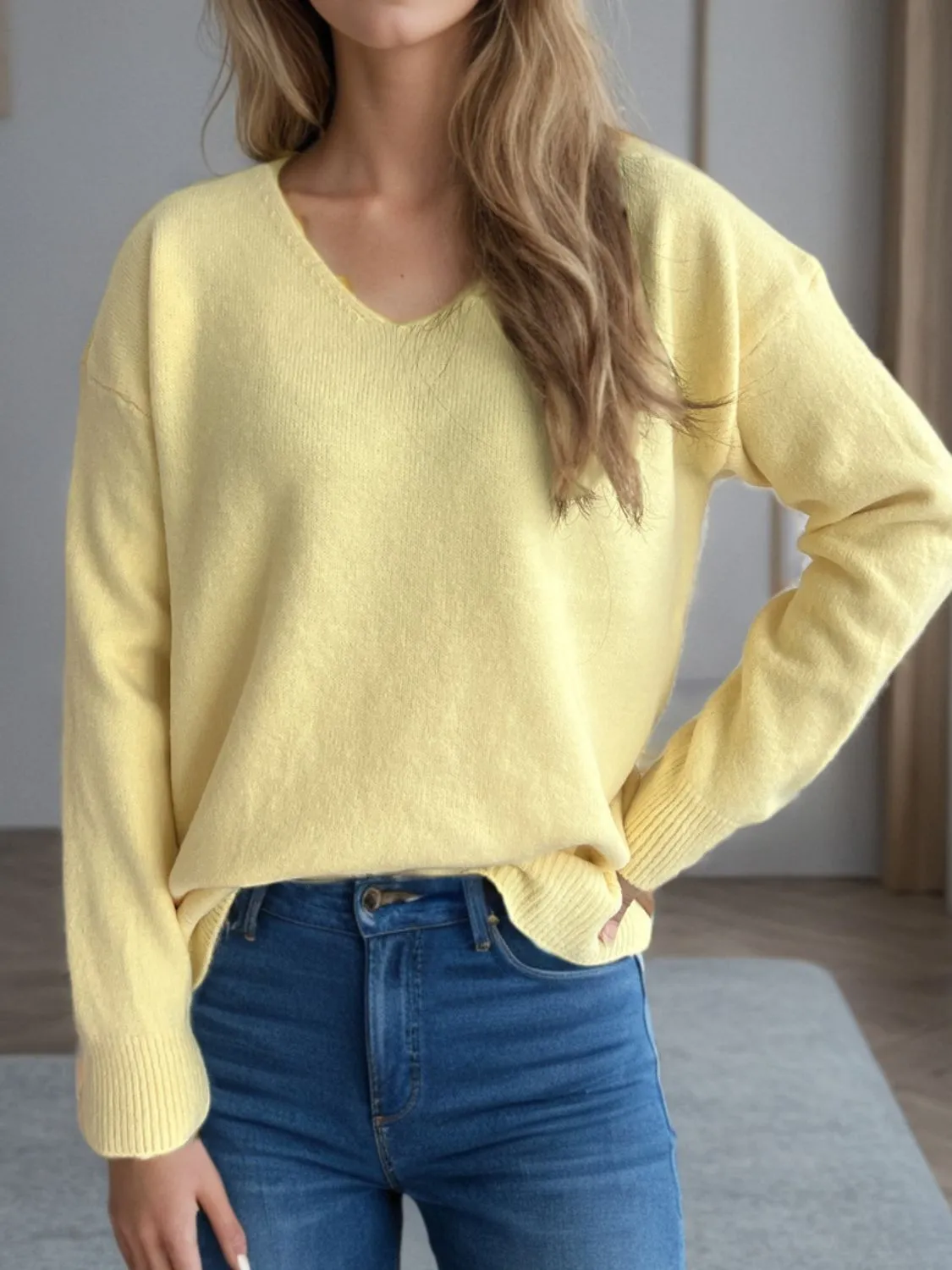 Hazel Blues® |  V-Neck Dropped Shoulder Long Sleeve Sweater