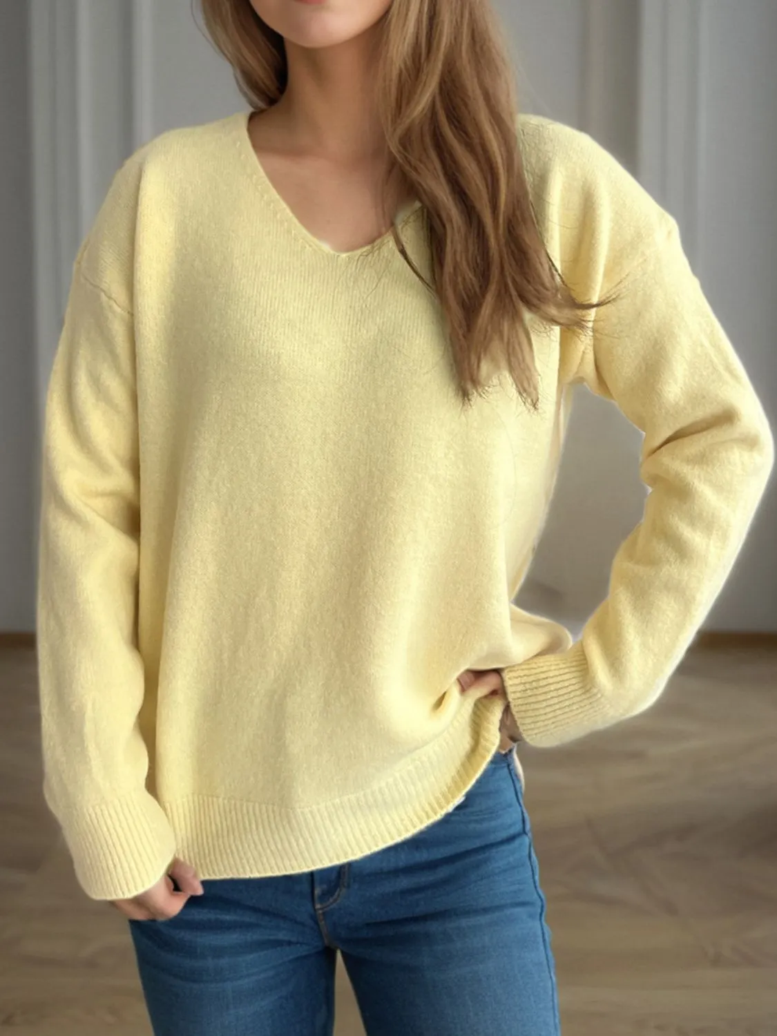 Hazel Blues® |  V-Neck Dropped Shoulder Long Sleeve Sweater