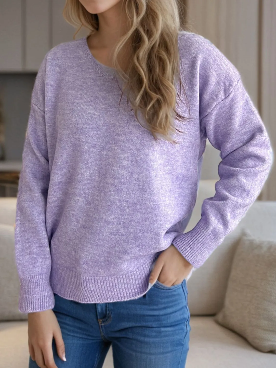 Hazel Blues® |  V-Neck Dropped Shoulder Long Sleeve Sweater