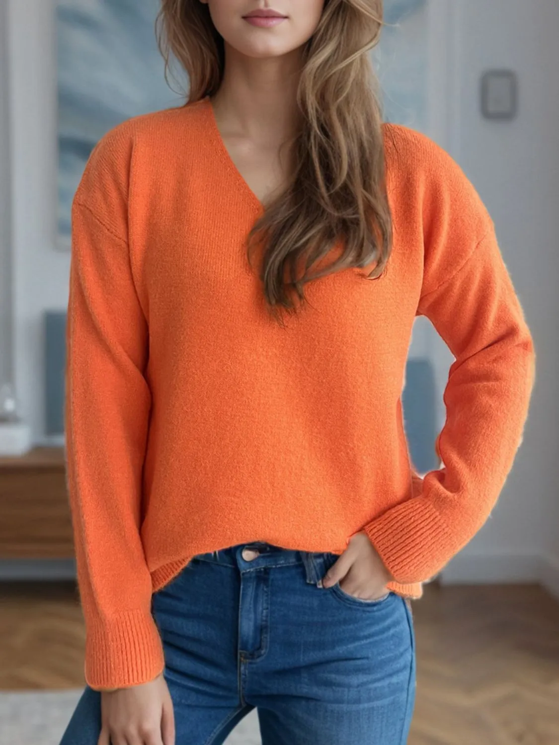 Hazel Blues® |  V-Neck Dropped Shoulder Long Sleeve Sweater