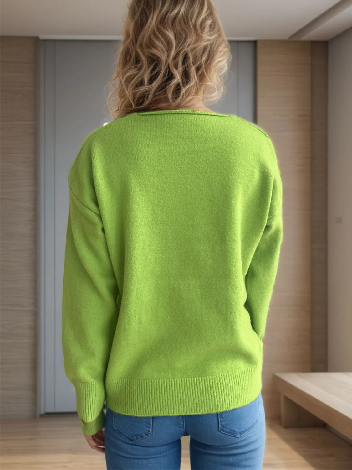 Hazel Blues® |  V-Neck Dropped Shoulder Long Sleeve Sweater