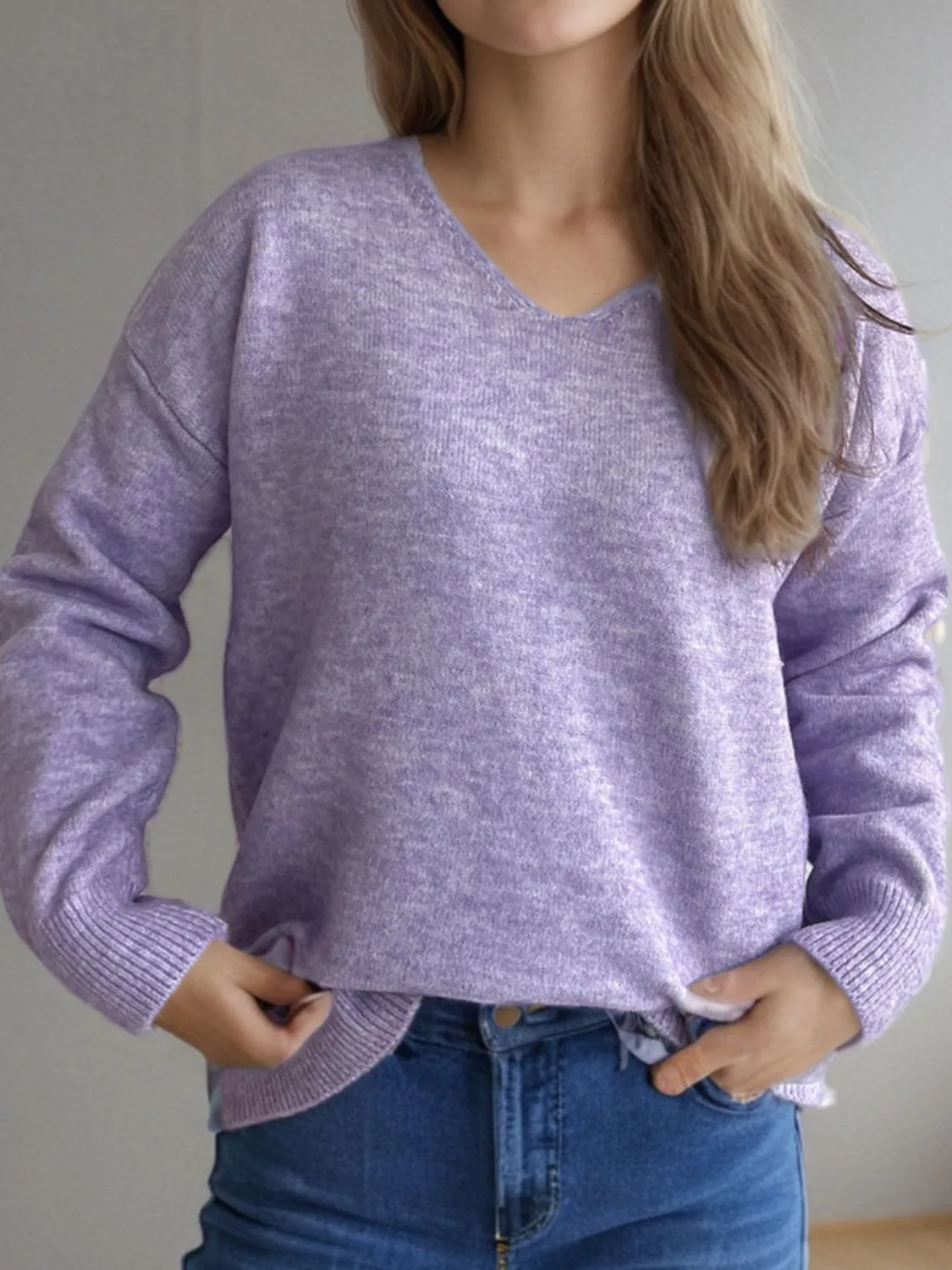 Hazel Blues® |  V-Neck Dropped Shoulder Long Sleeve Sweater