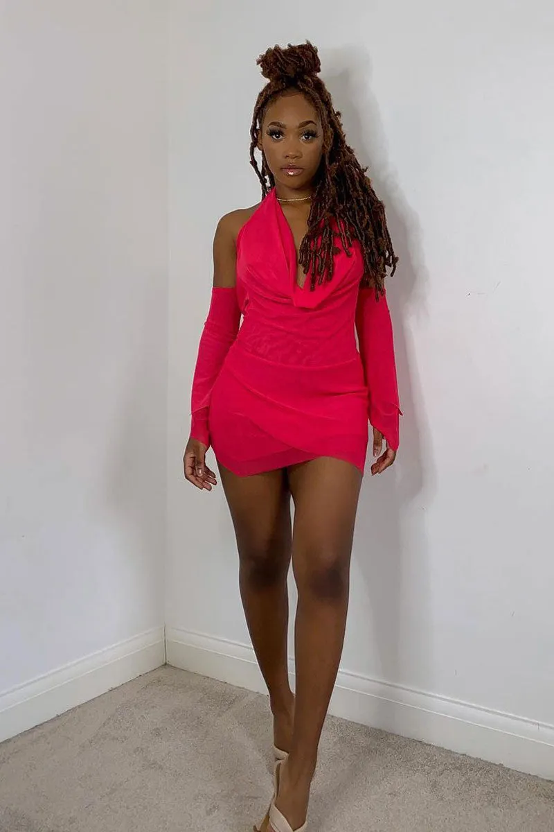 Hot Pink Mesh Cowl Neck Mini Dress - Cara