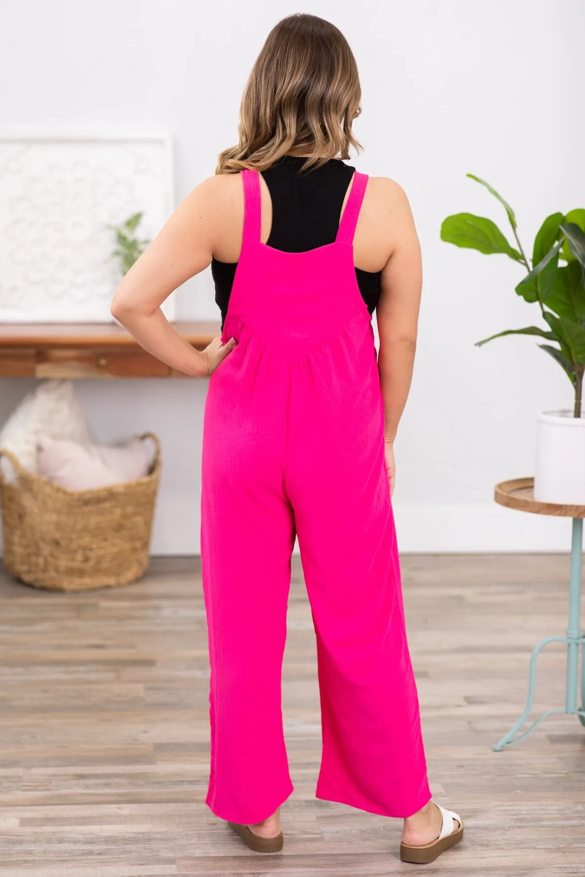 Hot Pink Wide Leg Overalls With Button Detail