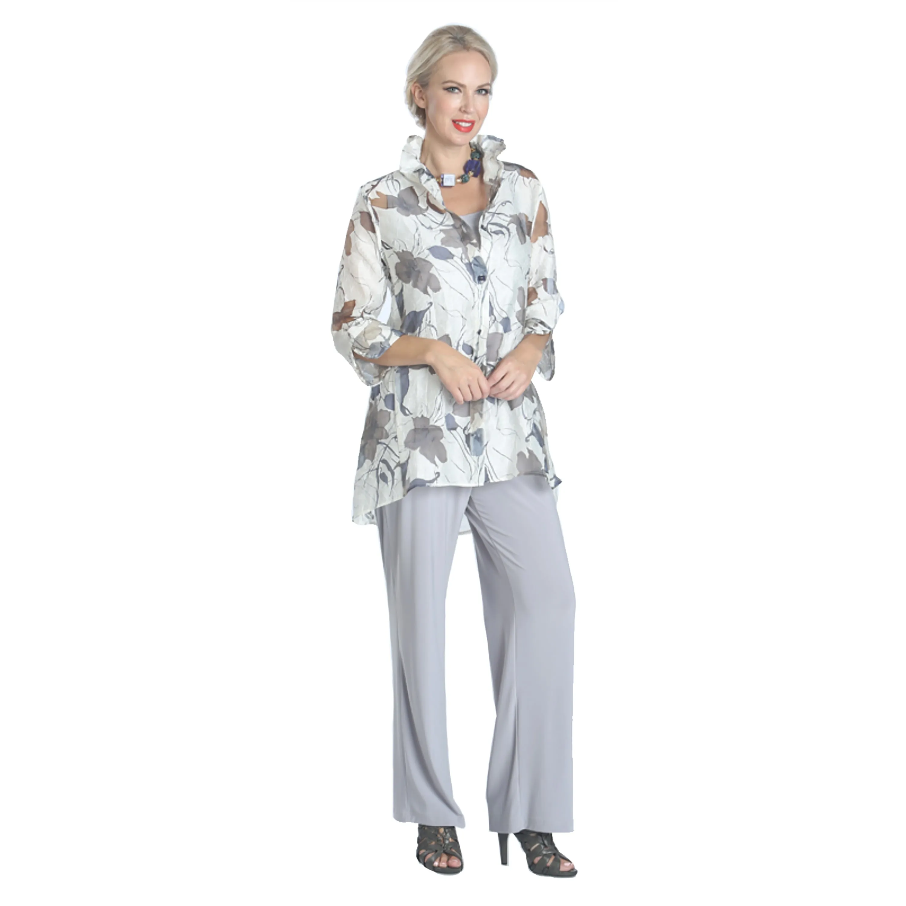 IC Collection Sheer Floral Hi-Low Blouse in Blue - 2277J