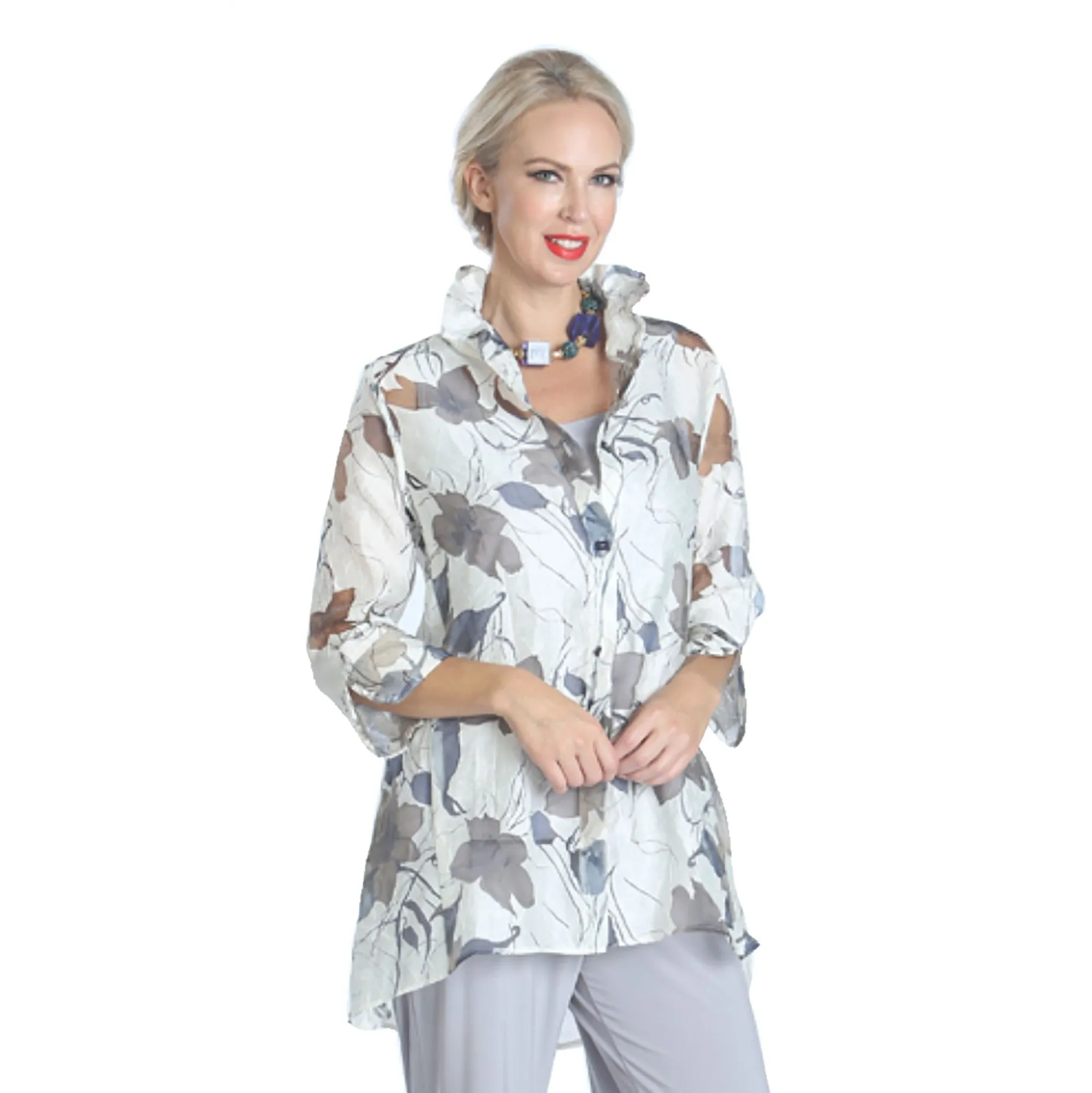 IC Collection Sheer Floral Hi-Low Blouse in Blue - 2277J