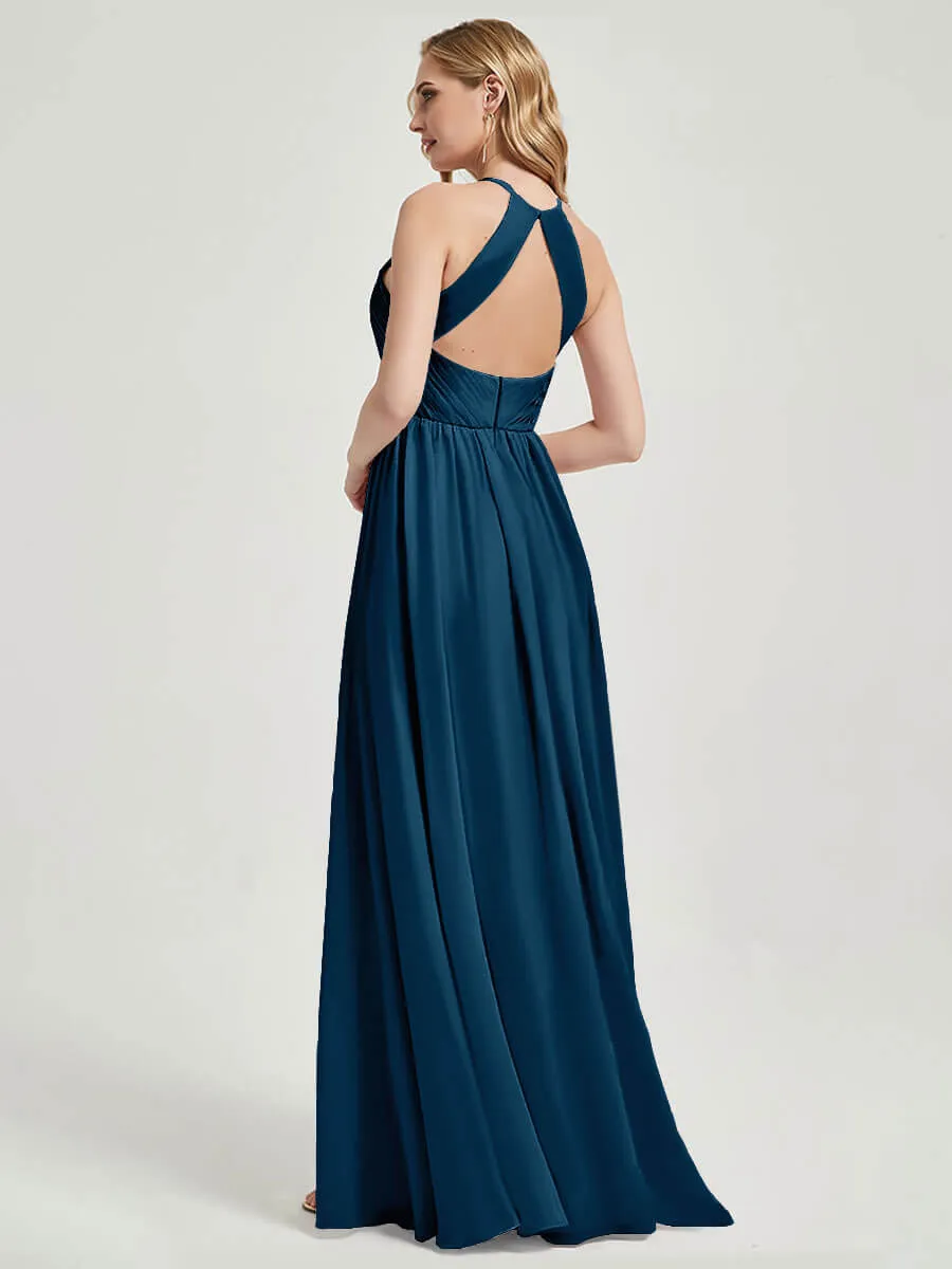 Ink Blue Halter Pleated Keyhole Back Chiffon Floor Length Bridesmaid Dress